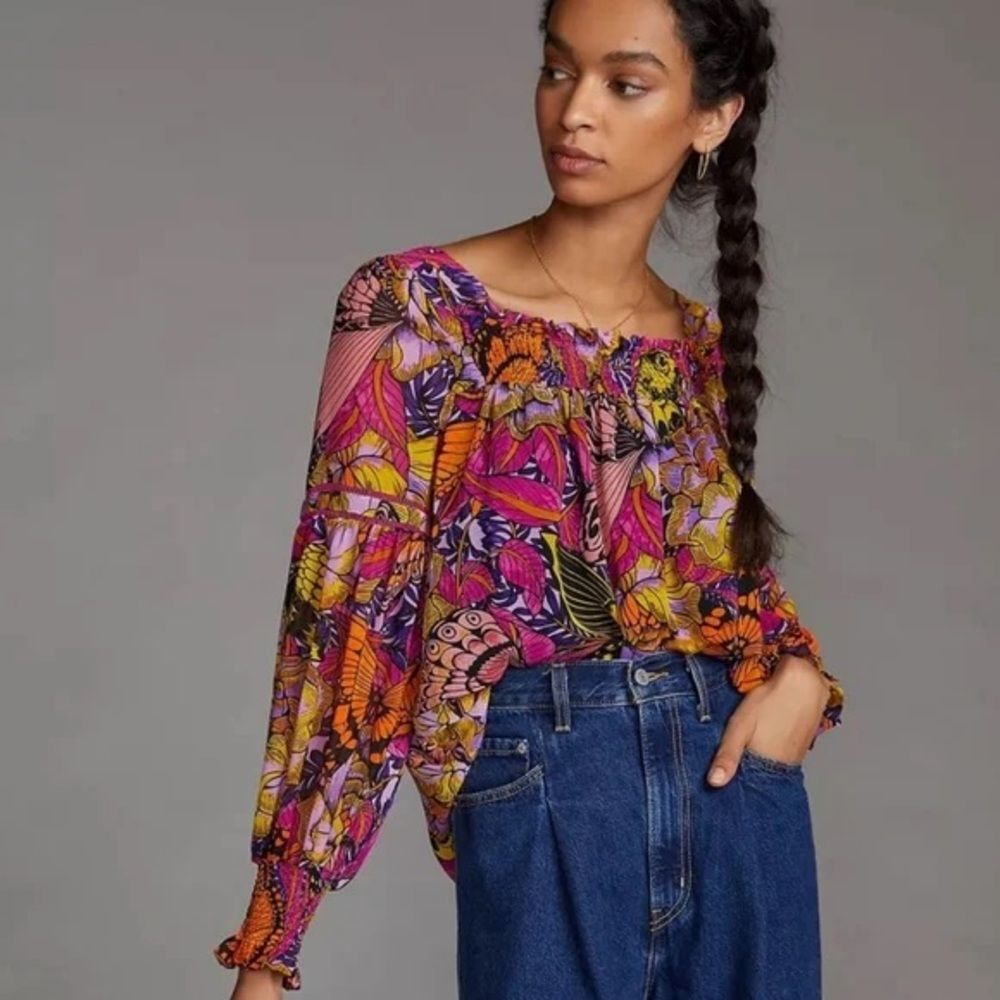 Anthropologie Alexandra Farmer Floral Butterfly Puff Sleeve Blouse Sz XS